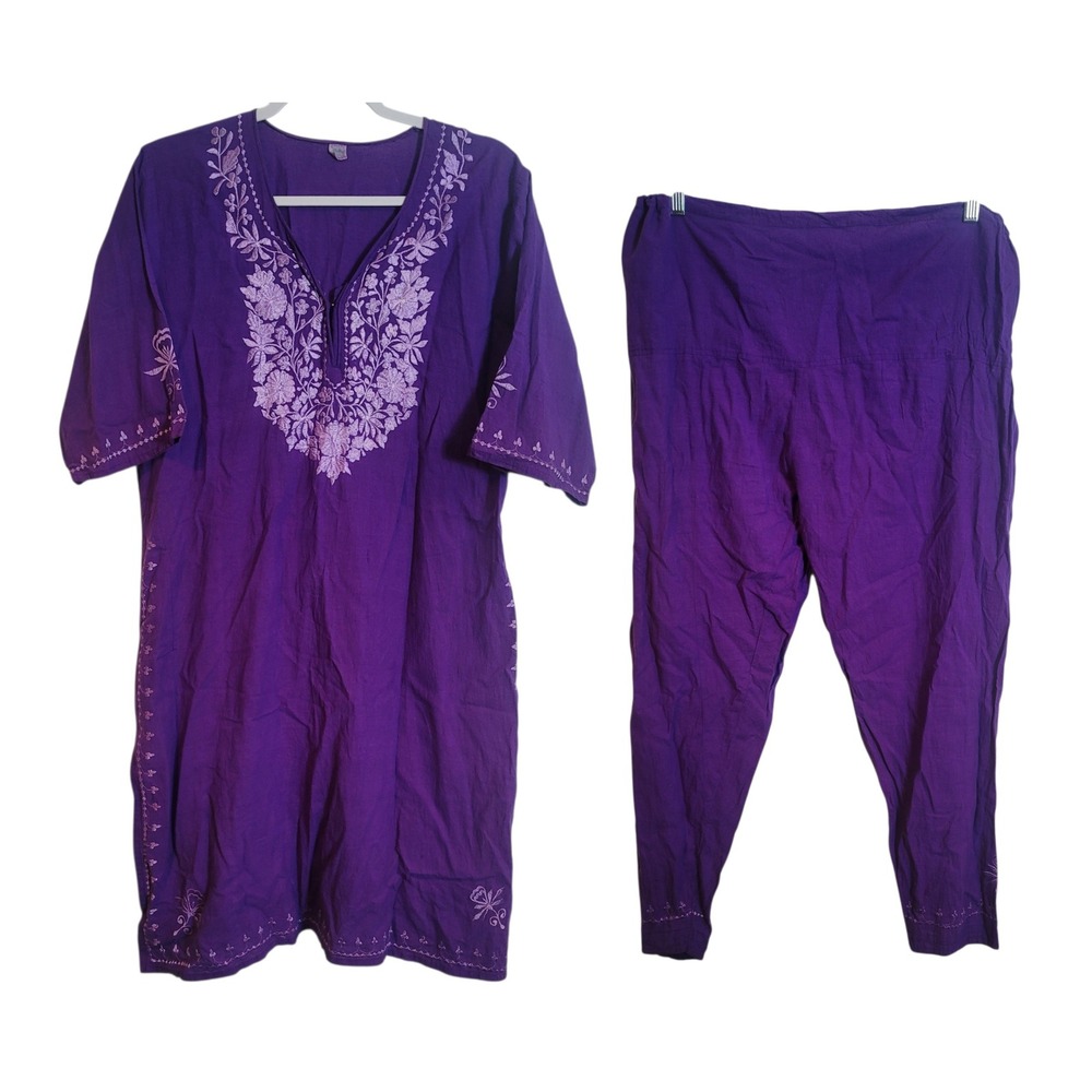 Purple Embroidered Cotton Salwar Kameez Set Women XL Tunic and Pants Two Piece